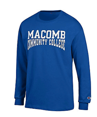 A blue long sleeved shirt with Macomb Community College printed in white across the chest