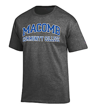 A gray, short-sleeve unisex shirt with the Macomb Community College logo on the front